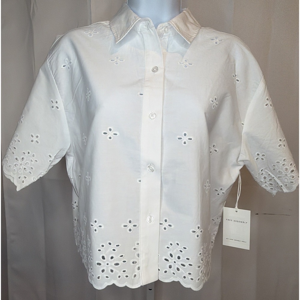 Free Assembly Women's Small Cropped Cotton Eyelet Shirt NWT - Picture 8 of 11